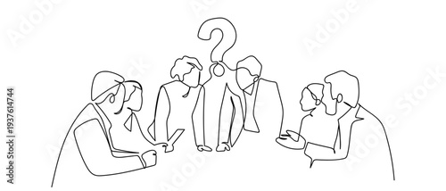 A group of business people are in a meeting there is a question mark symbol above in continuous line art drawing style. minimalist black linear sketch on transparent background Editable stroke.