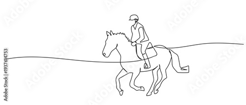 Equestrian athletes, horse racing in continuous line art drawing style. minimalist black linear sketch isolated on transparent background Editable stroke.