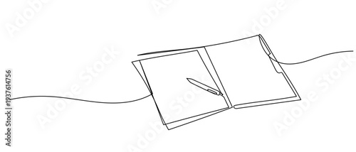A pen was placed inside the document folder in continuous line art drawing style. minimalist black linear sketch isolated on transparent background Editable stroke.