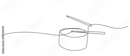 The drumstick is hitting the drum in continuous line art drawing style. minimalist black linear sketch isolated on transparent background Editable stroke.