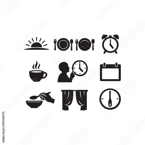Daily Routine and Time Management Black Glyph Icon Set for Schedule