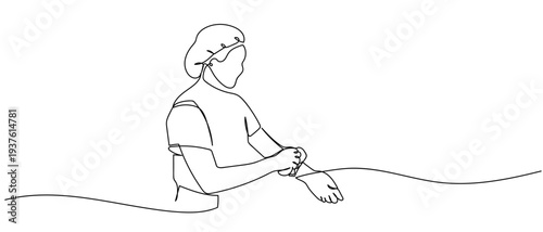 The doctor is washing his hands, simulating surgery in continuous line art drawing style. minimalist black linear sketch isolated on transparent background Editable stroke.