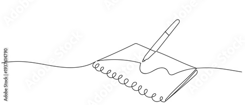 pen writing on notebook in continuous line art drawing style. minimalist black linear sketch isolated on transparent background Editable stroke.