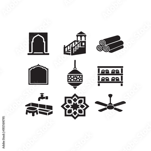 Set of Black Glyph Icons for Islamic Mosque and Ramadan Celebration