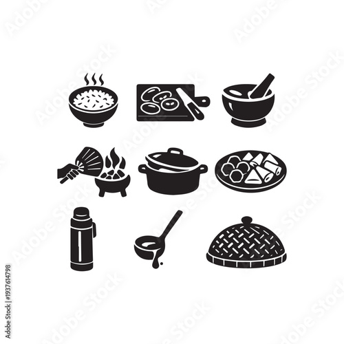Monochrome Asian Cooking Essentials Icon Set for Culinary Designs