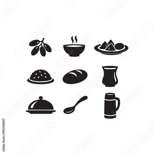 Set of Black Food Icons for Ramadan Iftar Meal on White Background