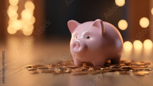 Piggy bank surrounded by scattered coins on a wooden table, symbolizing savings and financial planning.