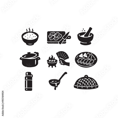 Essential Culinary Tools and Asian Food Preparation Icon Collection