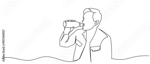 The man raised a bottle of beer and took a sip in continuous line art drawing style. minimalist black linear sketch isolated on transparent background Editable stroke.