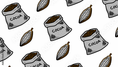 Cocoa Sack Seamless Pattern.
Cacao Bean Bag Illustration.
Handdrawn Chocolate Ingredient Doodle.
Repeating Cocoa Packaging Texture.
Minimalist Confectionery Background.