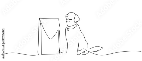 Dog and dog food bag in continuous line art drawing style. minimalist black linear sketch isolated on transparent background Editable stroke.