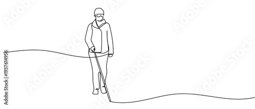 The blind person is using a cane to walk in continuous line art drawing style. minimalist black linear sketch isolated on transparent background Editable stroke.