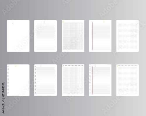 Realistic Notebook Paper Sheets with Paper Clips Lined Grid Dotted and Blank Pages Vector Set