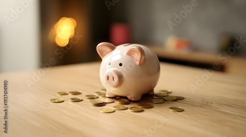 Piggy bank surrounded by scattered coins on a wooden table, symbolizing savings and financial planning.
