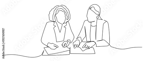 Two business people are working together to review business documents in continuous line art drawing style. minimalist black linear sketch isolated on transparent background Editable stroke.