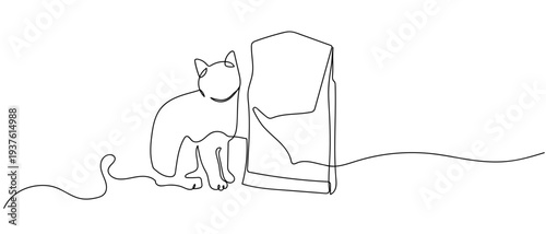 Cats and bags of cat food in continuous line art drawing style. minimalist black linear sketch isolated on transparent background Editable stroke.