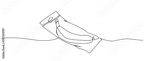 Bananas in plastic bags for sale in supermarkets in continuous line art drawing style. minimalist black linear sketch isolated on transparent background Editable stroke.