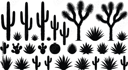 Collection Of Black Desert Cactus Silhouettes Including Saguaro Joshua Tree And Succulent Plants Isolated On White Background For Southwest Landscape Design And Nature Graphics