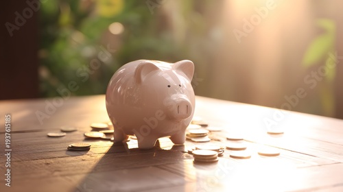 Piggy bank surrounded by scattered coins on a wooden table, symbolizing savings and financial planning.