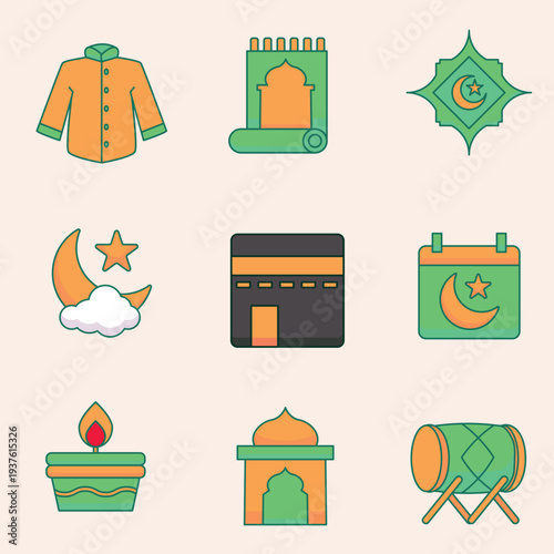 Vibrant Islamic Culture and Festive Celebration Icons Collection, Featuring Ramadan Kareem and Eid Mubarak Symbols in a Modern Flat Design Style, Ideal for Digital and Print Projects