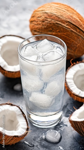 A minimalist glass of Iced Coconut Water with coconut shell halves as decoration, shot with professional Sony A7R4 camera, masterpiece quality, perfect composition, poster background, Product