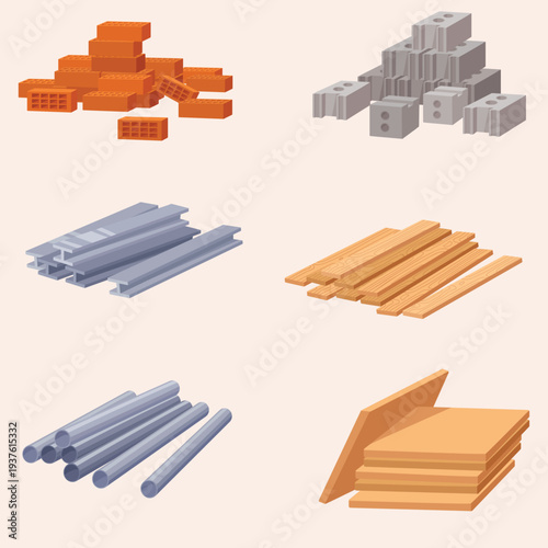 Comprehensive collection of essential building materials, including stacked bricks, concrete blocks, lumber, metal pipes, and steel beams, ready for construction and architectural development projects