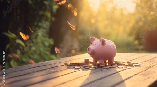 Piggy bank surrounded by scattered coins on a wooden table, symbolizing savings and financial planning.