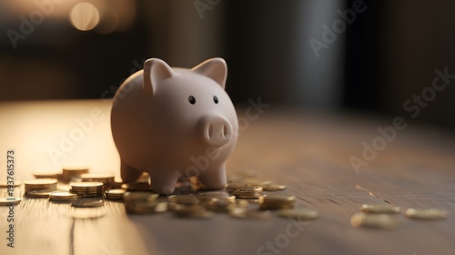 Piggy bank surrounded by scattered coins on a wooden table, symbolizing savings and financial planning.