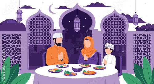 Muslim Family Iftar Dinner During Ramadan with Mosque Background and Lanterns Illustration, Islamic Breaking Fast Meal Celebration Vector Design