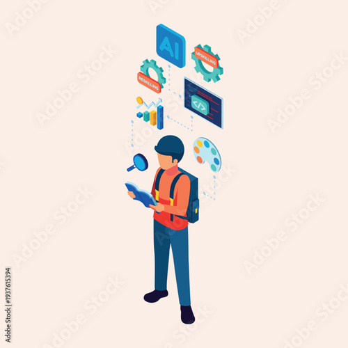 Innovative digital education concept featuring a person utilizing artificial intelligence, data insights, and creative design tools for advanced learning and skill development