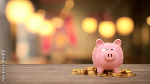 Piggy bank surrounded by scattered coins on a wooden table, symbolizing savings and financial planning.