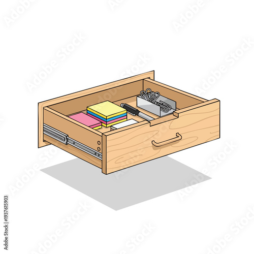 Open drawer with office supplies and documents
