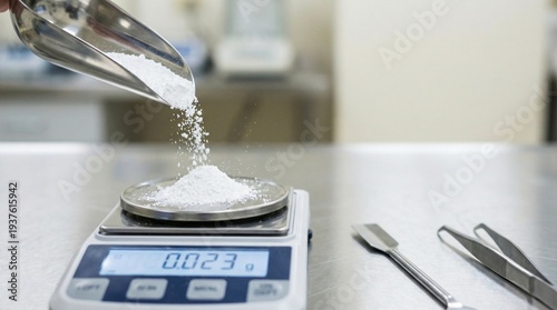 Precision in the Lab: A scientist carefully weighs a precise amount of white powder on a digital scale in a sterile laboratory environment.
