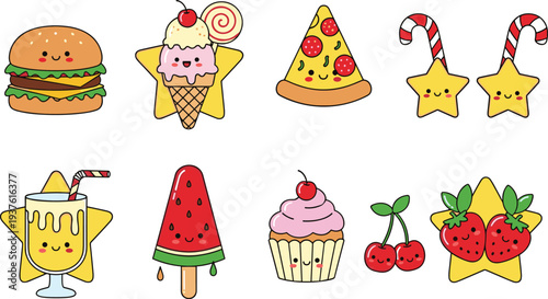 Cute Kawaii Food Cartoon Vector Set with Burger Ice Cream Pizza Candy Cupcake Watermelon and Strawberry Characters for Kids Fun Design