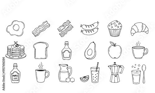 Breakfast Food Outline Icon Set – Eggs, Bacon, Pancakes, Coffee and Bakery Line Vector Collection