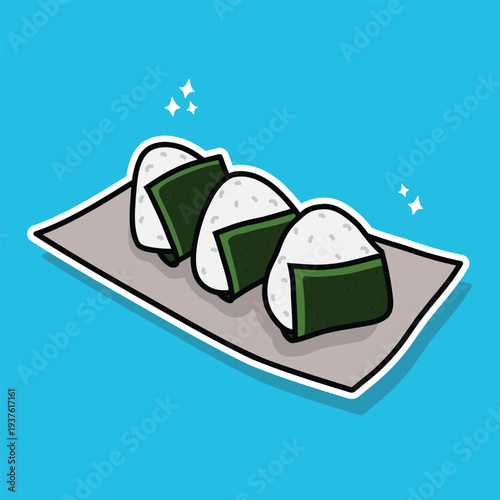 Vector illustration of onigiri arranged on a plate on a blue background