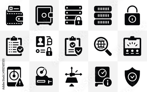 Set of 15 Black Security and Data Protection Vector Icons