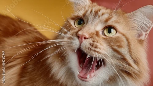 Wallpaper Mural Close-up of an orange and white cat with mouth open, whiskers prominent. Background yellow/red Torontodigital.ca