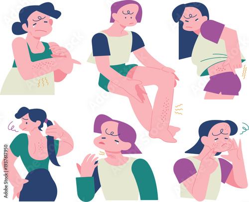 様々な要因で肌が荒れてる女性達のイラスト・Illustration of a woman suffering from skin problems due to various factors