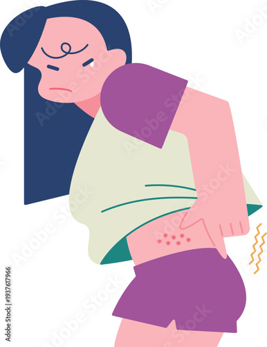湿疹かストレスによる蕁麻疹かお腹周りの皮膚が肌荒れで悩む女性のイラスト・Illustration of a woman suffering from eczema, hives caused by stress, or rough skin around the stomach