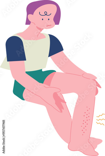 汗疹やストレスまたは摩擦やカミソリ負けで肌が荒れて痒い人・Illustration of a woman suffering from shaving rash and rough skin on her legs