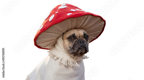 a cute french bulldog wearing a whimsical red and white mushroom hat and a scarf, posing for a portrait.