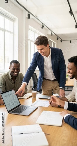 Business team meeting around table smiling and discussing ideas