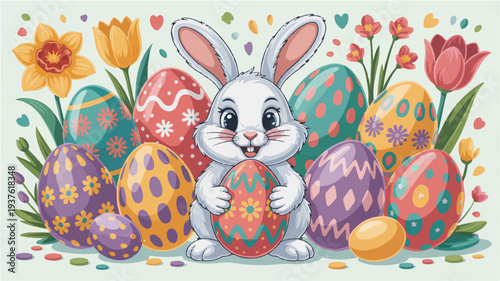 Easter bunny holding colorful egg surrounded by flowers and decorated eggs in pastel colors