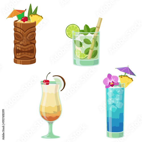 set of tropical summer cocktails and mocktails drinks