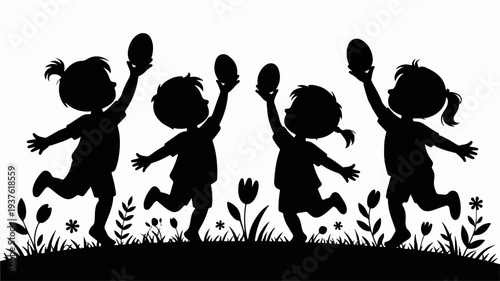 Silhouettes of four happy children playing with balls in a field of flowers on a sunny day outdoors