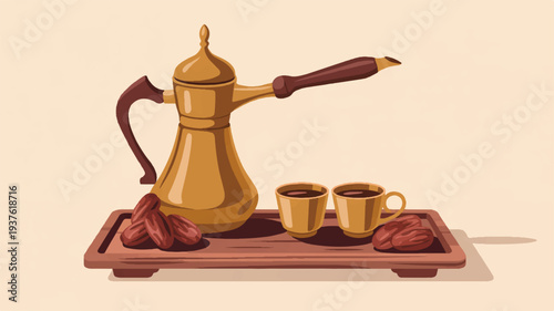 Traditional arabic coffee pot and cups on wooden tray with dates served on beige background warm lighting cozy atmosphere cultural symbol hospitality morning routine breakfast