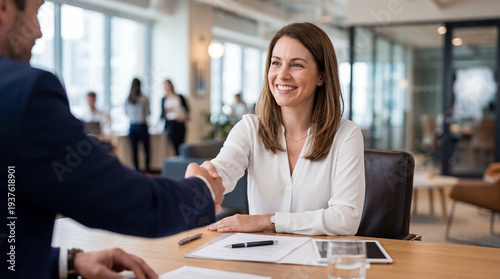 Smiling businesswoman job interview handshake office professional success agreement building trust during corporate meeting