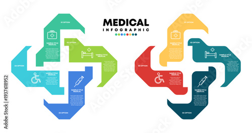 Vector plus infographic set, medical diagram, healthcare graph, hospital presentation, emergency chart. Medicine doctor logo. Concept with 4 options, parts, steps, processes. Vector editable eps 