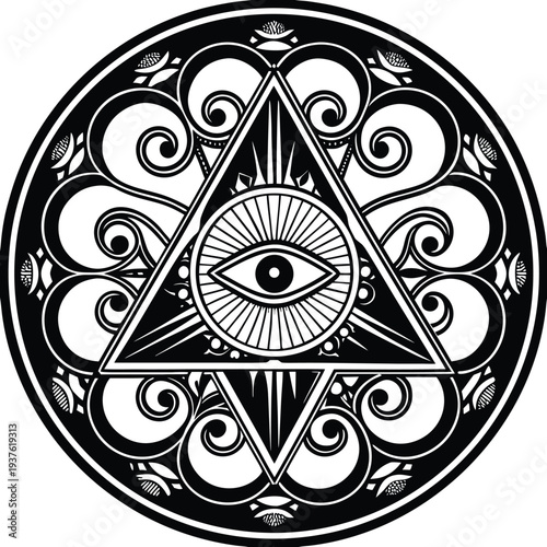All Seeing Eye Triangle Symbol with Ornate Swirls and Rays in Black and White Stock Illustration